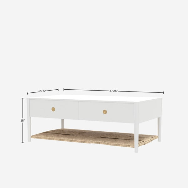 Alpine Furniture Cleo Coffee Table With Four Drawers And Woven Shelf, Brass Knobs, Smooth Ball-Bearing Glides White 2620WHT-61