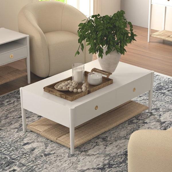 Alpine Furniture Cleo Coffee Table With Four Drawers And Woven Shelf, Brass Knobs, Smooth Ball-Bearing Glides White 2620WHT-61