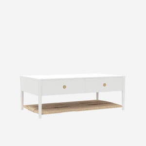 Alpine Furniture Cleo Coffee Table With Four Drawers And Woven Shelf, Brass Knobs, Smooth Ball-Bearing Glides White 2620WHT-61