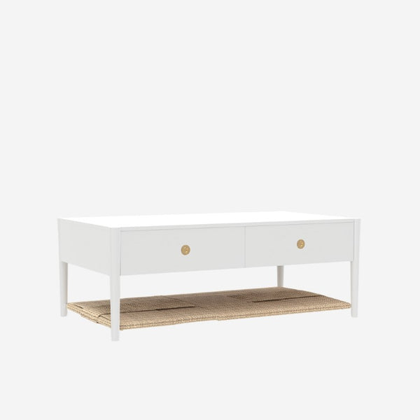 Alpine Furniture Cleo Coffee Table With Four Drawers And Woven Shelf, Brass Knobs, Smooth Ball-Bearing Glides White 2620WHT-61