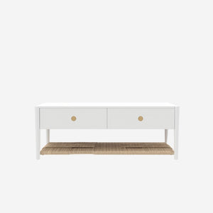 Alpine Furniture Cleo Coffee Table With Four Drawers And Woven Shelf, Brass Knobs, Smooth Ball-Bearing Glides White 2620WHT-61