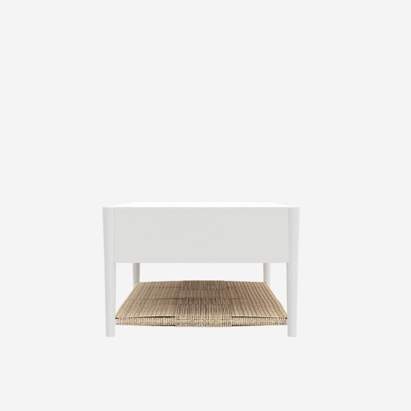 Alpine Furniture Cleo Coffee Table With Four Drawers And Woven Shelf, Brass Knobs, Smooth Ball-Bearing Glides White 2620WHT-61