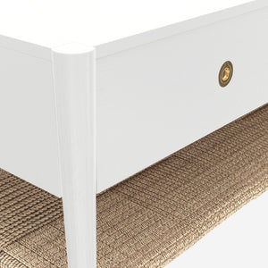 Alpine Furniture Cleo Coffee Table With Four Drawers And Woven Shelf, Brass Knobs, Smooth Ball-Bearing Glides White 2620WHT-61