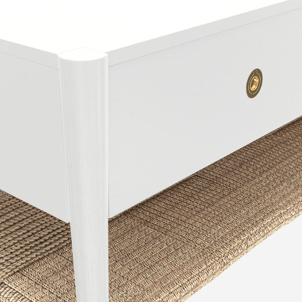 Alpine Furniture Cleo Coffee Table With Four Drawers And Woven Shelf, Brass Knobs, Smooth Ball-Bearing Glides White 2620WHT-61
