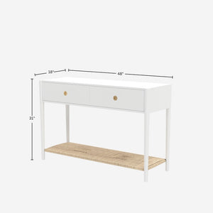 Alpine Furniture Cleo Console Table With Woven Shelf And Brass Knobs, Fully Assembled Entryway Accent (48" W) White 2620WHT-63