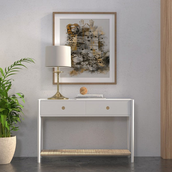 Alpine Furniture Cleo Console Table With Woven Shelf And Brass Knobs, Fully Assembled Entryway Accent (48" W) White 2620WHT-63