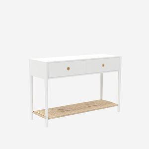Alpine Furniture Cleo Console Table With Woven Shelf And Brass Knobs, Fully Assembled Entryway Accent (48" W) White 2620WHT-63