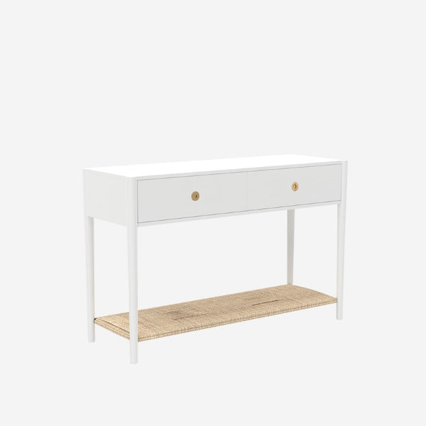 Alpine Furniture Cleo Console Table With Woven Shelf And Brass Knobs, Fully Assembled Entryway Accent (48" W) White 2620WHT-63