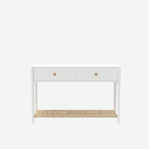 Alpine Furniture Cleo Console Table With Woven Shelf And Brass Knobs, Fully Assembled Entryway Accent (48" W) White 2620WHT-63