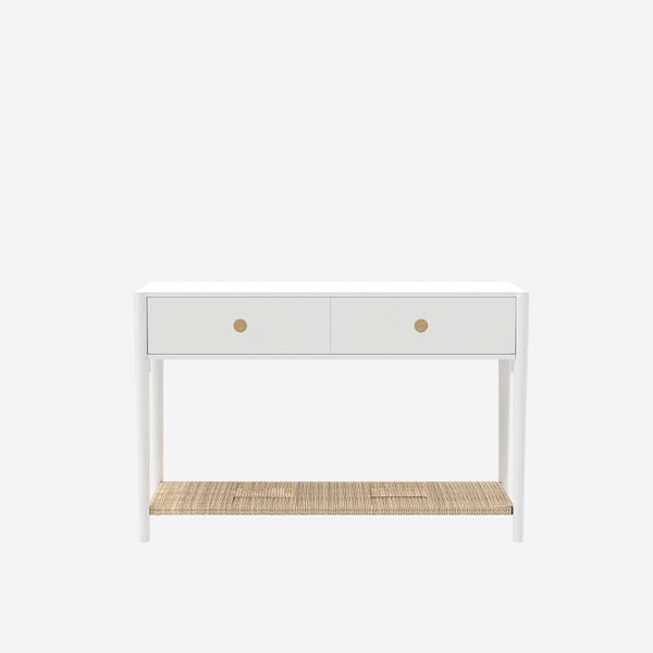 Alpine Furniture Cleo Console Table With Woven Shelf And Brass Knobs, Fully Assembled Entryway Accent (48" W) White 2620WHT-63