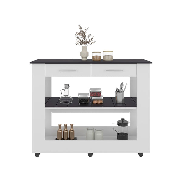English Elm Hardy Rolling Kitchen Island with Two Drawers Open Shelves and Melamine Work Surface B097P474257
