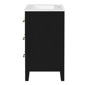 English Elm 24'' Bathroom Vanity with Ceramic Sink and 3 Drawers Retro Solid Wood Frame Freestanding Storage Black N710P371184B