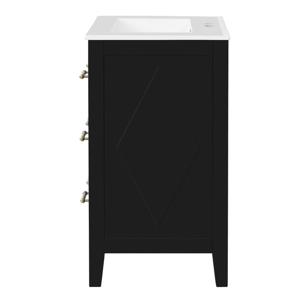 English Elm 24'' Bathroom Vanity with Ceramic Sink and 3 Drawers Retro Solid Wood Frame Freestanding Storage Black N710P371184B