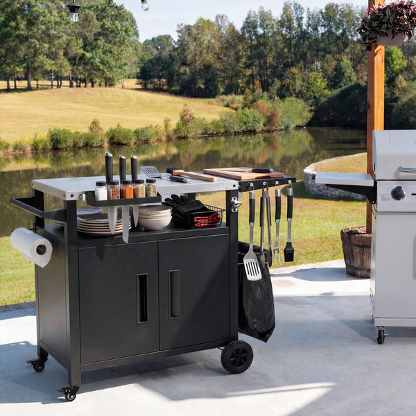English Elm K&k Outdoor Bbq Station Stainless Steel Top Foldable Side Table Locking Wheels N707P379802B