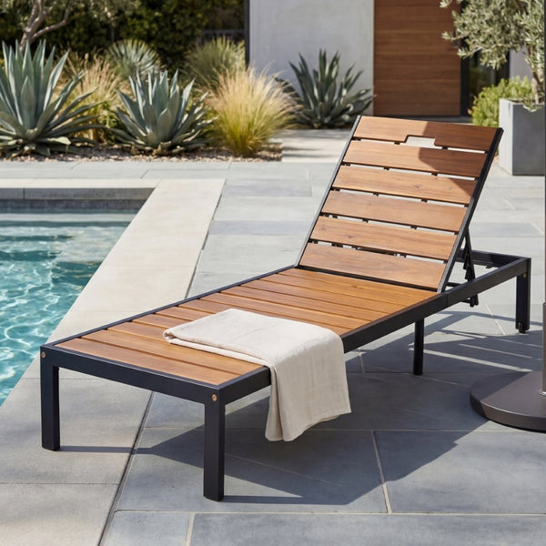 English Elm Outdoor Acacia Wood Slat Chaise Lounge with Powder Coated Frame for Patio Resort Black+Natural N719P383161B