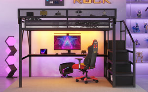 English Elm Queen Metal Loft Bed with Desk Charging Station Rgb Lighting and Storage Stairs W2580S00091