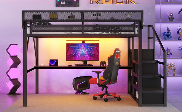 English Elm Queen Metal Loft Bed with Desk Charging Station Rgb Lighting and Storage Stairs W2580S00091