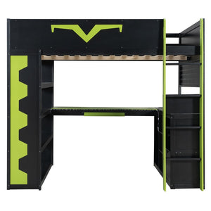 English Elm Full Size Gaming Loft Bed with Desk Rgb Lighting Power Outlet and Storage Drawer Green LT000285AAF