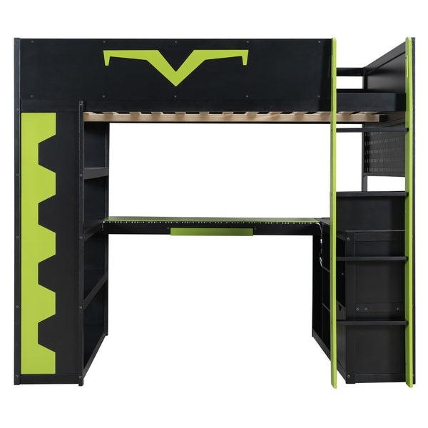 English Elm Full Size Gaming Loft Bed with Desk Rgb Lighting Power Outlet and Storage Drawer Green LT000285AAF