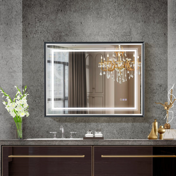 English Elm 40*30inch LED Bathroom Mirror with Beveled Edge, Front & Backlit 3-Color Dimmable IP54 Anti-Fog Grey W2091P214096