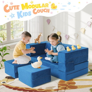 English Elm 5-piece Modular Foam Play Couch Velvet Toddler Sofa Foldable Kids Playroom Set Blue T5880P493435