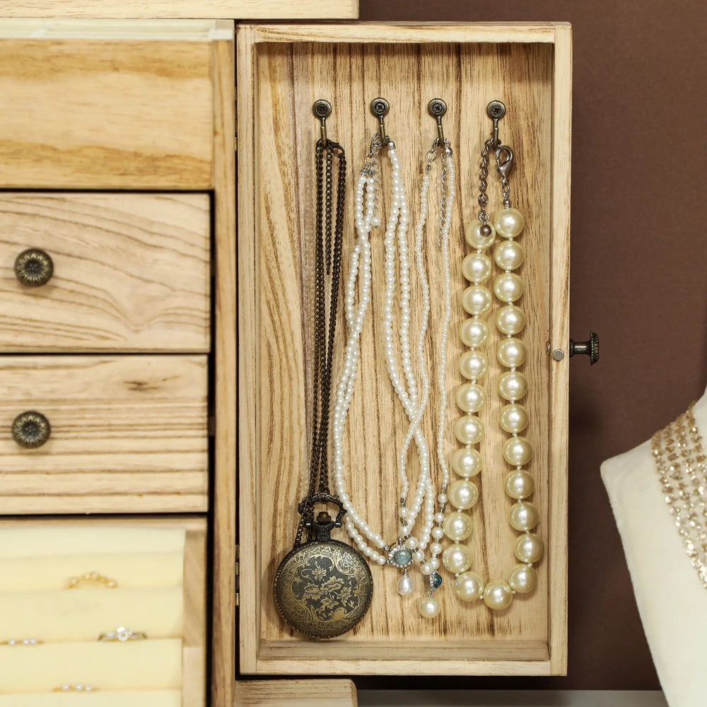 English Elm Jewelry Armoire Paulownia Wood Box with Built-in Mirror Hooks and Tiered Storage T3971P397384