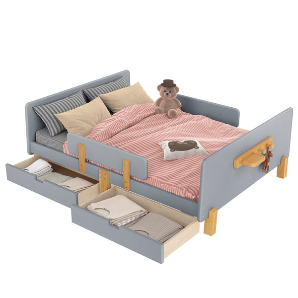 English Elm Twin Low Profile Kids Floor Bed Pine Wood Frame with Safety Rail and Built in Bookshelf Gray W1580P373246