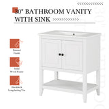 English Elm 30" White Modern Sleek Bathroom Vanity Elegant Ceramic Sink With Solid Wood Frame Open Style Shelf & Door Shelf Design