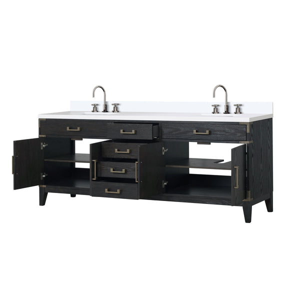 English Elm Black Oak Double Bath Vanity 84" With White Quartz Top, Chrome Faucet Set & Ample Storage Space B2731P260984