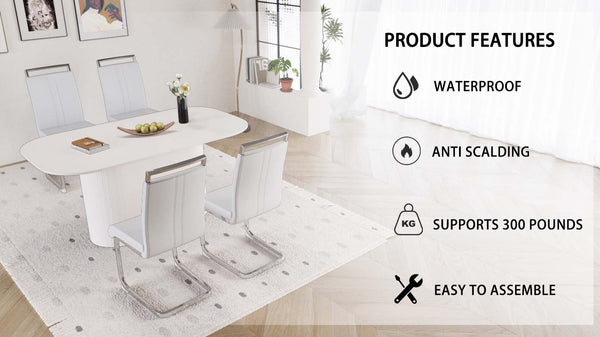 English Elm 63" Modern Cream Mdf Dining Table Set With 4 Pu Armless Chairs & Stylish Silver-Plated Legs For Home W2189S00668