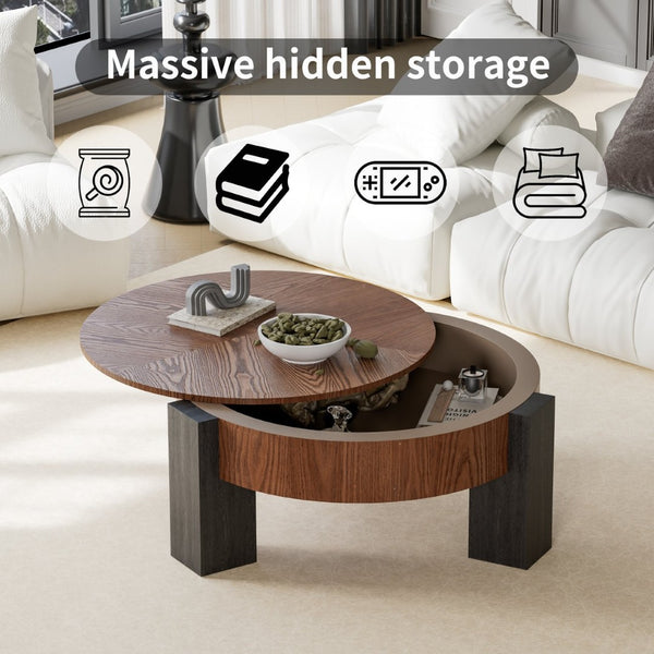 English Elm 33'' Round Coffee Table Parquet Veneer Flip Top Hidden Storage Wabi-sabi Living Room Walnut+Black W1435P419321