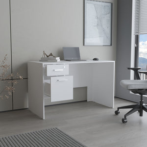 English Elm Mellier Modern White Office Desk with Two Drawers & Side Shelves — Compact, Stable Workstation B070P368063