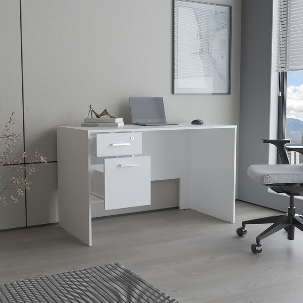 English Elm Mellier Modern White Office Desk with Two Drawers & Side Shelves — Compact, Stable Workstation B070P368063