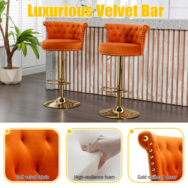 English Elm UNITED Velvet 360° Rotating Bar Chair with Diamond Stitching, Gold Frame, Plush Foam Seat, Adjustable Height Orange W1568P361721