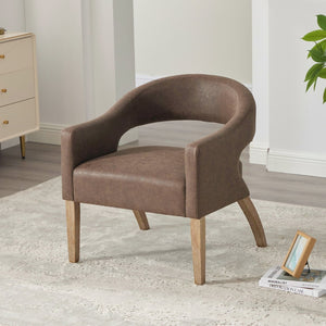 English Elm Modern Pu Leather Barrel Armchair Set of 4 with Sculpted Back Rubberwood Legs Coffee W3118S00032
