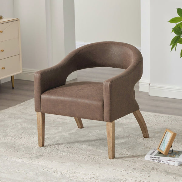 English Elm Modern Pu Leather Barrel Armchair Set of 4 with Sculpted Back Rubberwood Legs Coffee W3118S00032