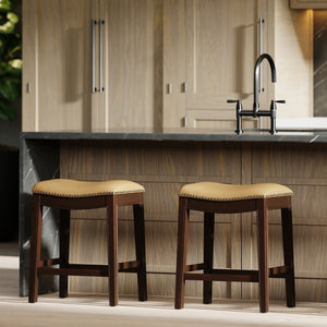 English Elm 26in. Counter Height Hardwood Barstool Nailhead Faux Leather Seat Kitchen Dining Tan B2751P436414