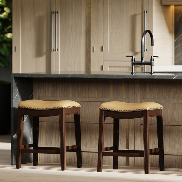 English Elm 26in. Counter Height Hardwood Barstool Nailhead Faux Leather Seat Kitchen Dining Tan B2751P436414