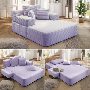 English Elm Luxurious Corduroy Frameless Chaise Sofa Bed with Spring Cushion and Storage Pocket Purple W3219P496264