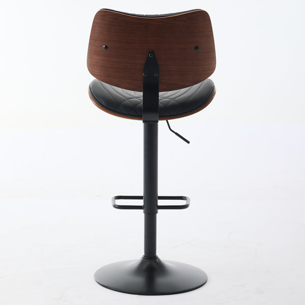 English Elm Walnut Mid-Century Bentwood Swivel Bar Stool — Ergonomic Faux Leather Seat, Wide Stable Base Black PU W1143P173514