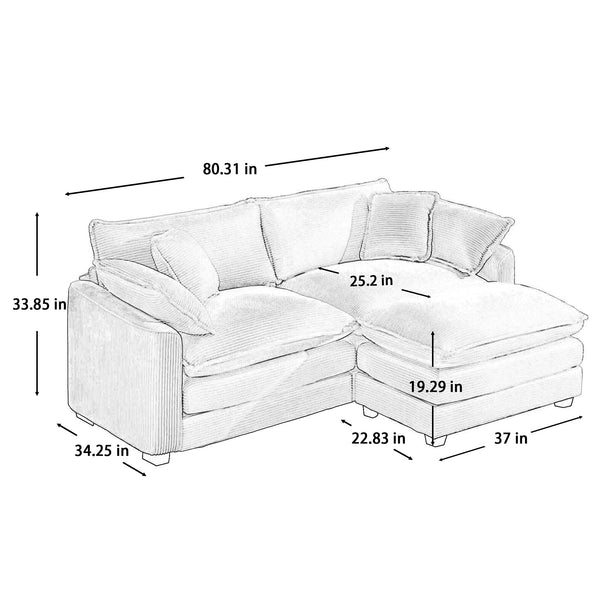 English Elm Corduroy Two-Seater Sofa With Ottoman - Chic L-Shaped Design For Stylish, Cozy Small Spaces! W714S00810