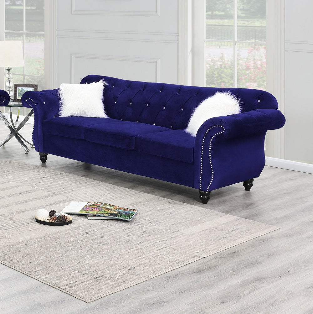 English Elm 2pc Indigo Velvet Sofa Set 2pc Living Room Crystal Tufted Upholstered Couch Loveseat with Nailhead Trim B011S01699
