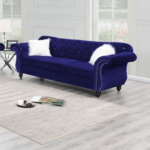 English Elm 2pc Indigo Velvet Sofa Set 2pc Living Room Crystal Tufted Upholstered Couch Loveseat with Nailhead Trim B011S01699