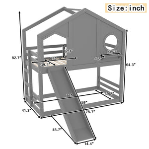 English Elm Full Bunk Bed with Trundle Bookshelf Storage Pine Frame Car Design for Kids Gray W1580S00465