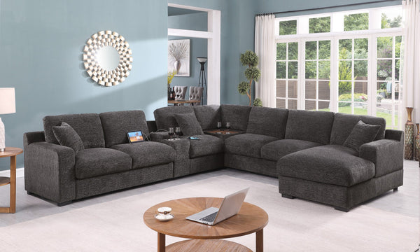 English Elm Chiara Chenille Sectional Sofa with Chaise Cupholders Usb Charging Ports Living Room Gray B2749S00235