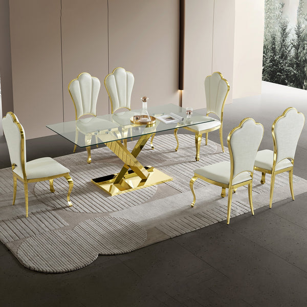 English Elm Gold Stainless Steel Dining Table With Clear Tempered Glass Top - Elegant, Modern & Versatile Decor W2723S00045