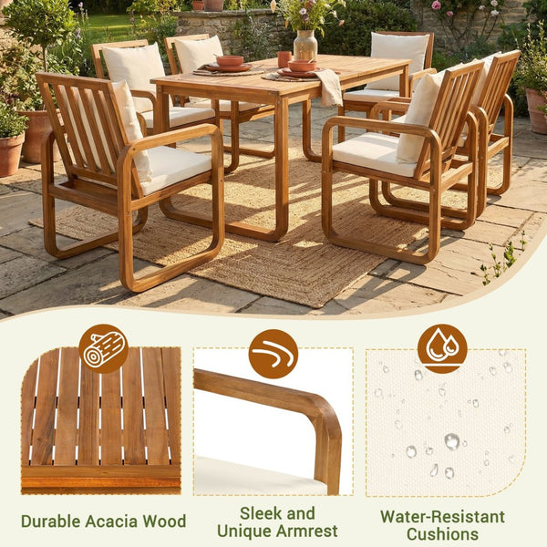 English Elm Outdoor Acacia Wood Dining Set Seats Six with Cushioned Armrest Chairs for Patio Beige,Natural Wood N719Z000200A