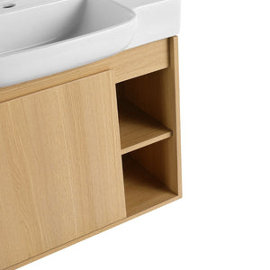 English Elm 28'' Floating Bathroom Vanity with Ceramic Sink Soft Close Door Melamine Cabinet Light Oak W999P426639