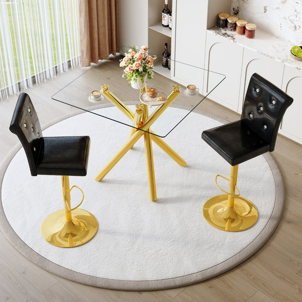 English Elm Modern Tempered Glass Pub Table Set with Gold Chrome Base and Swivel Pu Leather Stools W3875S00037