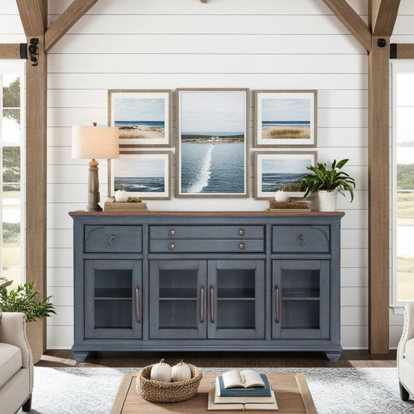 English Elm Americana Distressed Blue Buffet Cabinet with Glass Doors and Antique Pewter Hardware B108P411433